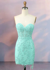 Despina | Dazzle in Black: Lace Short Strapless Homecoming Dress with Sparkling Details - Light Green - PromDressClub